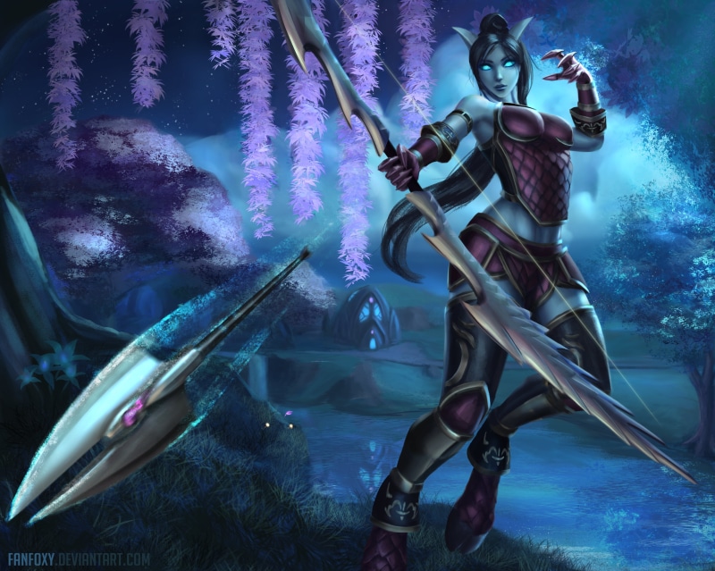 arrows, 4K, blue, horns, night, archer, fighting, nature, women, blue eyes, draenei, armor, purple, glowing eyes, dark hair, blue skin, bow, stars, Fanfoxy