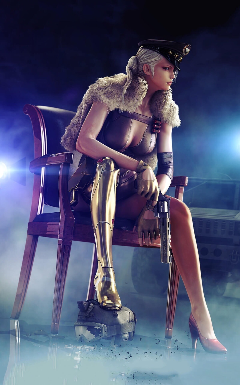 beauty, seat, fashion, 1080P, digital, clothing, sitting, fantasy, chair, women, girls with guns, full length, holding, pistol, indoors, PC gaming, woman
