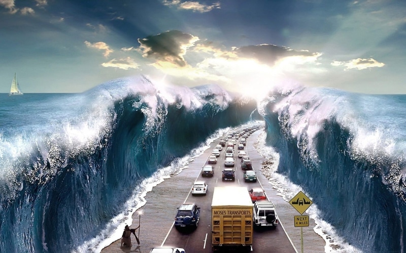 water, highway, vehicles, signs, wall, ships, tsunami, skyscapes, moses, funny, entertainment, 1080P, art, x, roads, Clouds, hd, cars