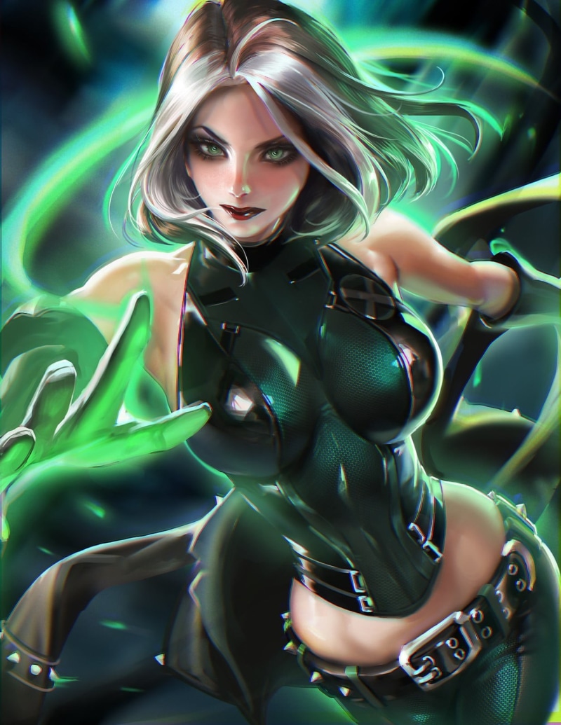 beauty, 720P, modern, adult, women, haute couture, realistic, Sakimichan, Rogue, hairstyle, looking at camera, cameos, Rogue (X-men), glamour