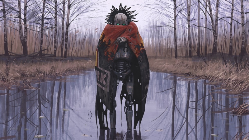 digital, forest, water, 1080P, robot, vagabonds, nature, branch, feathers, day, clothing, plant, outdoors, digital art, bare tree, representation, winter