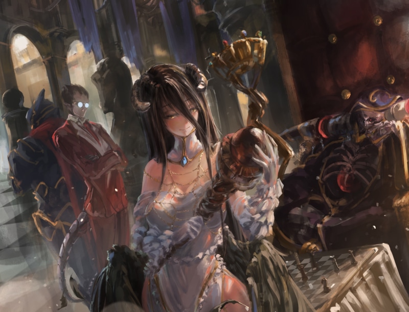 Tail, 2K, Anime, Chess Board, Smile, Red Eyes, Black Hair, Ainz Ooal Gown, Demiurge (Overlord), Skeleton, Blush, Yellow Eyes, Girl, Overlord (Anime), Overlord