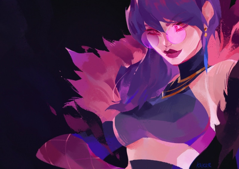 Summoners Rift, digital art, purple hair, 1080P, artwork, glasses, women, K/DA, Evelynn (League of Legends), Evelynn, video game characters, video games