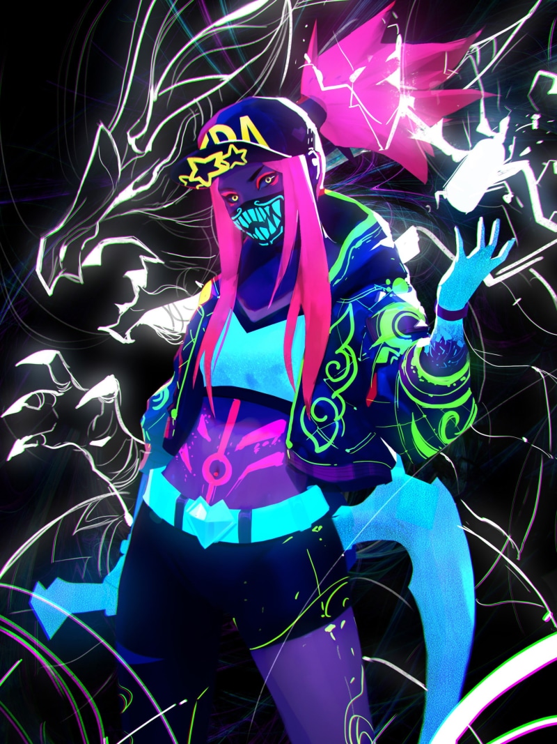 fan art, illustration, League of Legends, mask, dragon, Akali(League of Legends), oni mask, neon, video game girls, artwork, belly, jacket, Akali, dark background