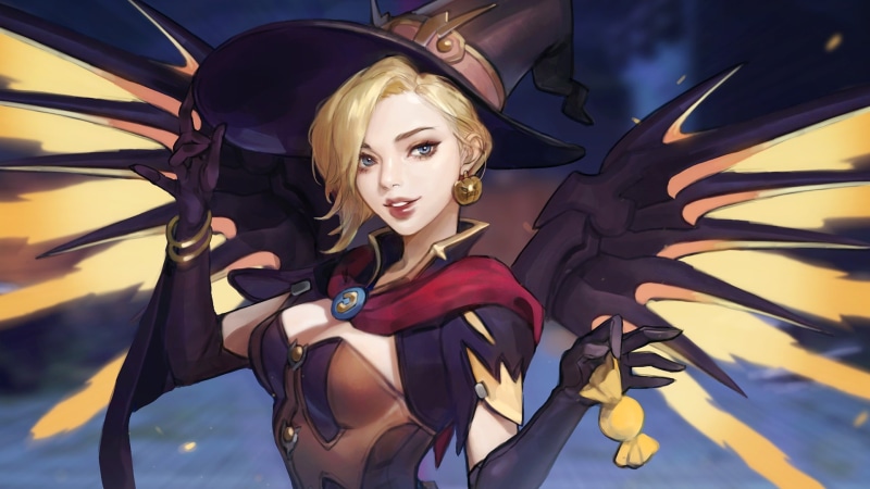 Overwatch, women, Witch Mercy, wings, blonde, blue eyes, Mercy (Overwatch), 1080P, artwork, cleavage, tight clothing, video games, digital art