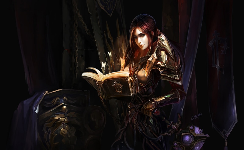Paladin, digital art, clothing, video games, female, domestic room, anime, fantasy art, hairstyle, dark, real people, Warcraft, indoors, character, illustration