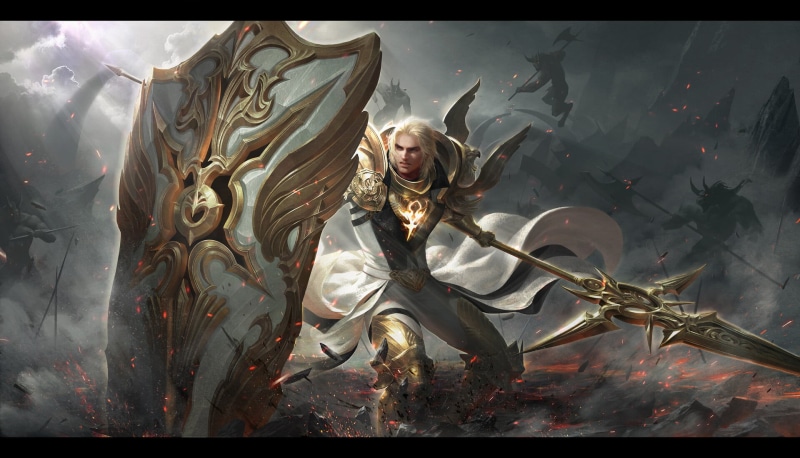men, fantasy art, 1080P, shield, blonde, gold, Paladin, war, armor, battlefields, warrior, fighting, spell, overcast, sparks, lance, weapon