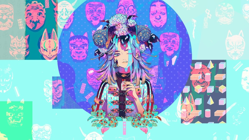 mask, snail, anime girls, oni mask, Akiakane, blue eyes, 4K, colorful, blue hair, anime, original characters