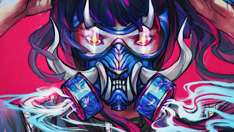 oni mask, smoke, pink, 1080P, artwork, anime girls