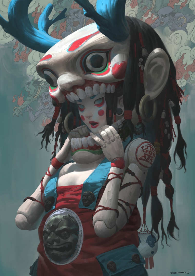 Oni, women, 2K, eastern, demon, doll, mask, bell
