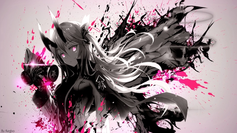 high angle view, anime girls, messy, chaos, gas masks, pattern, smudged, fragility, anime, flower, indoors, multi colored, paint splatter, ink, abstract