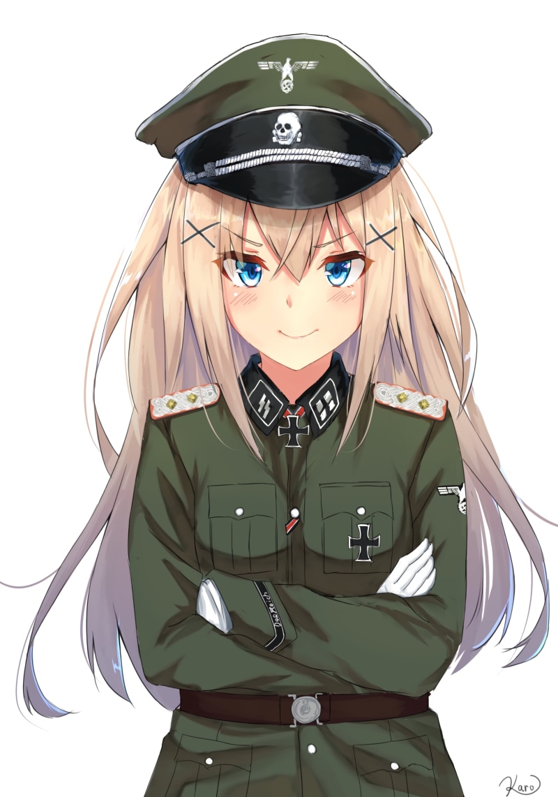occupation, clothing, looking at camera, 2K, protection, portrait, adult, armed forces, anime, uniform, front view, blue eyes, emotion, anime girls, blonde