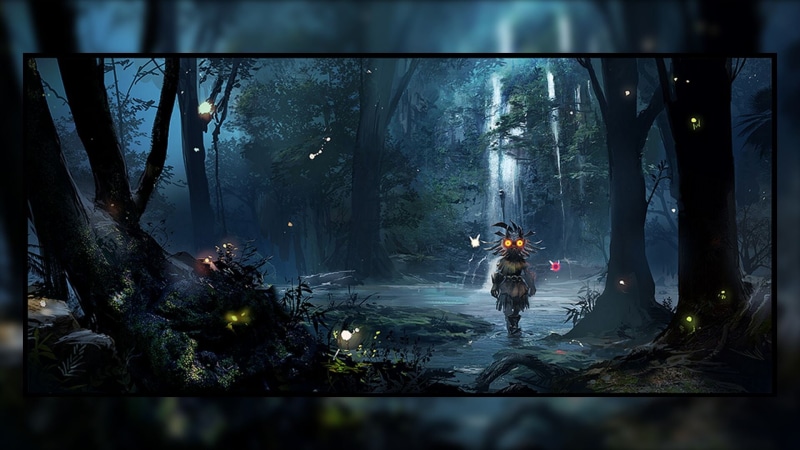 artwork, tree, growth, water, two people, night, adult, built structure, The Legend of Zelda: Majoras Mask, video games, people, architecture, leisure activity
