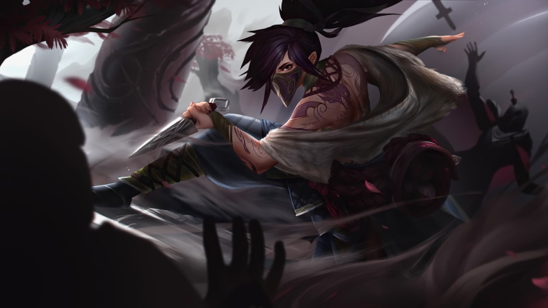 kunai, Akali, ninja girl, mask, Akali(League of Legends), 1080P, looking at viewer, Girl With Weapon, tattoo, League of Legends