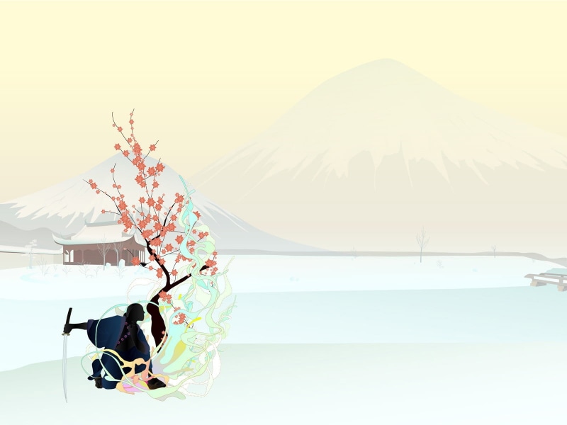 katana, scenics - nature, tranquil scene, Japan, sunlight, mountain, idyllic, sky, sea, nature, artwork, 720P, plant, cherry, land, simple background