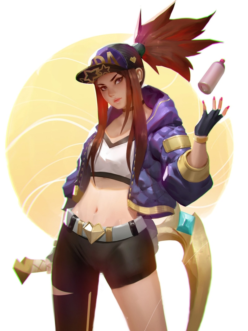 circle, pants, Video Game Art, Fahmi Fauzi, baseball caps, short tops, women, fan art, Akali, belly, looking at viewer, Akali(League of Legends), jacket