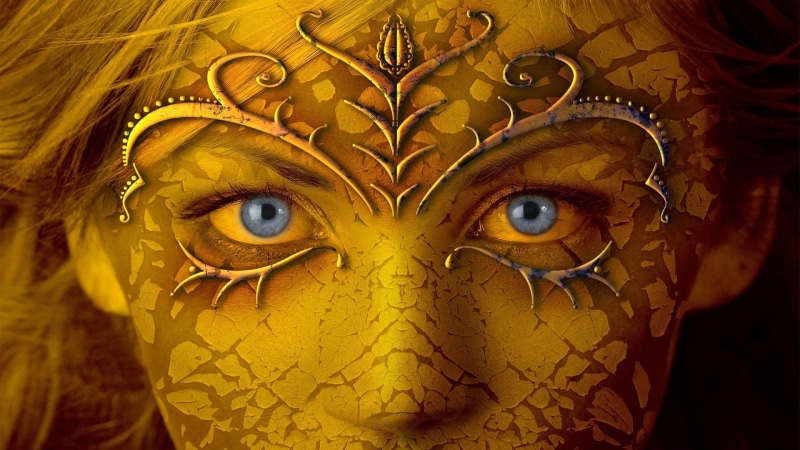 beauty, mystery, woman, art, symbol, eye, human Face, gold Colored, fantasy art, human Head, yellow, pattern, looking at camera, art and craft, blue eyes