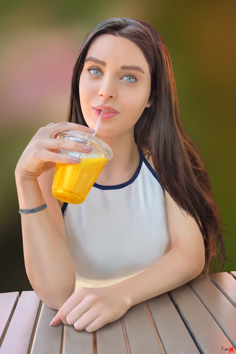 Girl High, juice, digital painting, Lana Rhoades, digital art, 2K, art installation
