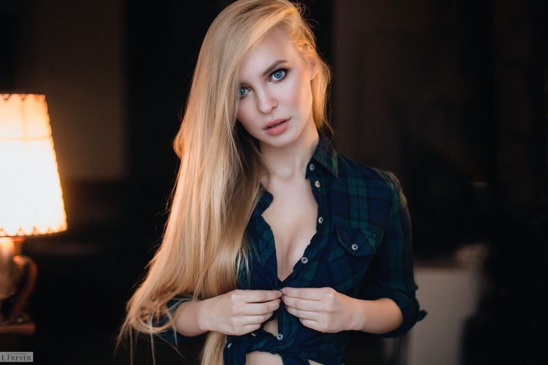 s, button, young women, focus on foreground, front view, 720P, young adult, blond hair, shirt, portrait, hairstyle, contemplation, long hair, long, Evgeny Freyer