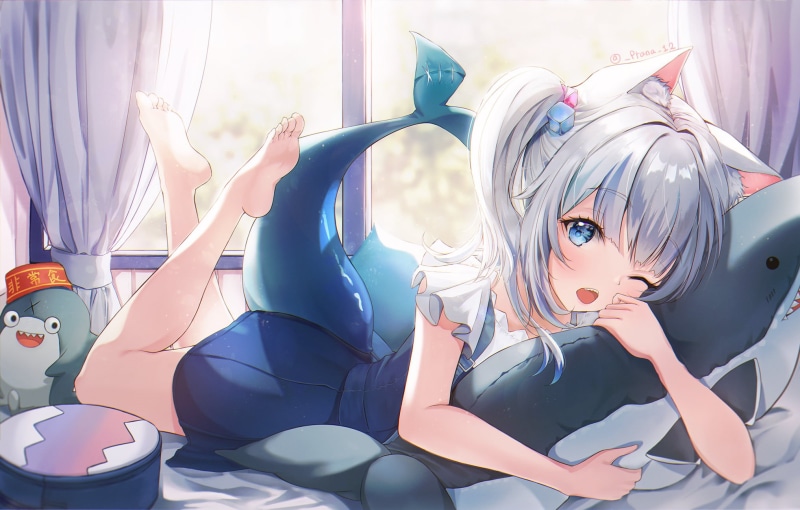 Hololive, open mouth, Gawr Gura, Virtual Youtuber, feet, one eye closed, barefoot, tail, animal ears, 1080P, anime girls, anime