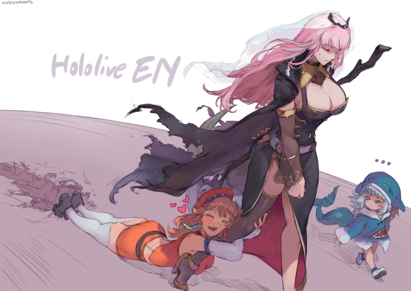 5K, Hololive, digital art, cutesexyrobutts, 2D, anime girls, Mori Calliope, Virtual Youtuber, anime, fan art, Gawr Gura, artwork, drawing, humor, fantasy girl