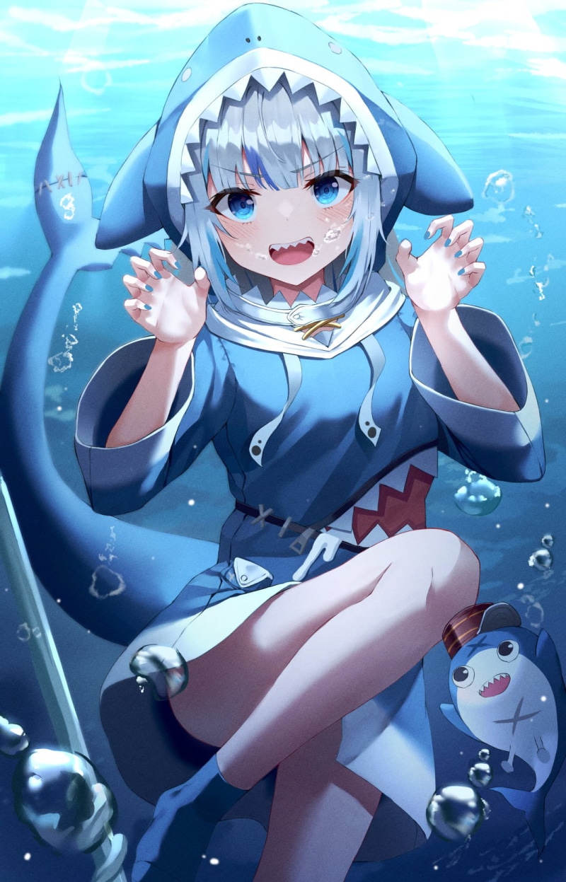Gawr Gura, vertical, Kerno, Hololive, anime, underwater, tail, 720P, Virtual Youtuber, open mouth, anime girls