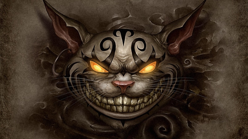 black background, yellow eyes, portrait, mammal, indoors, close-up, domestic animals, gray, no people, Alice in Wonderland, cat, looking at camera