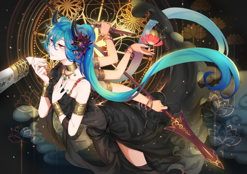 1080P, anime, shape, anime girls, art and craft, horns, female likeness, representation, long hair, pattern, day, celebration, haired, choice, still life