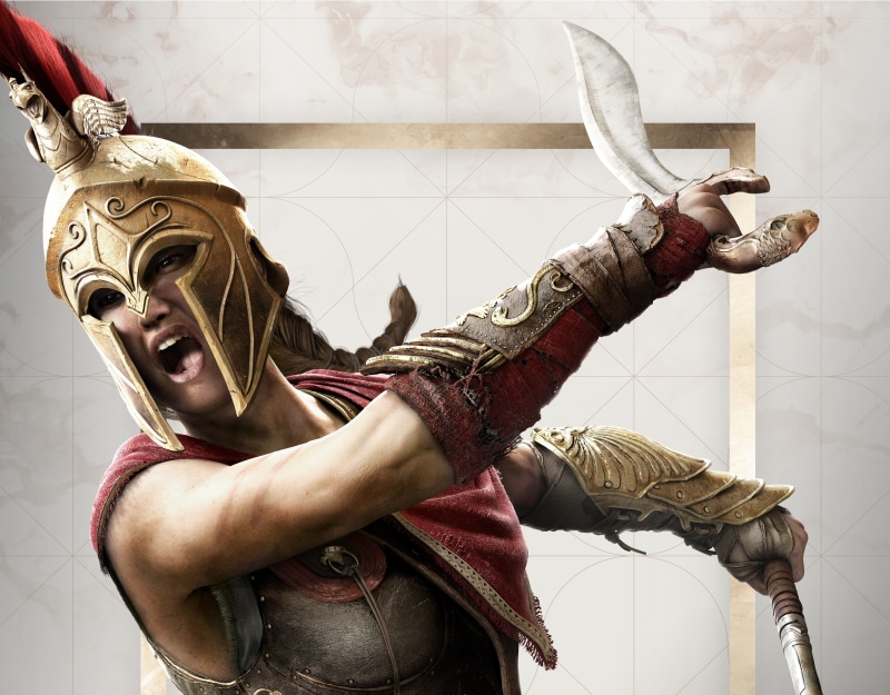 male likeness, celebration, Kassandra, one person, human arm, demon - fictional character, craft, mouth open, sculpture, creativity, low angle view, Assassins Creed: Odyssey