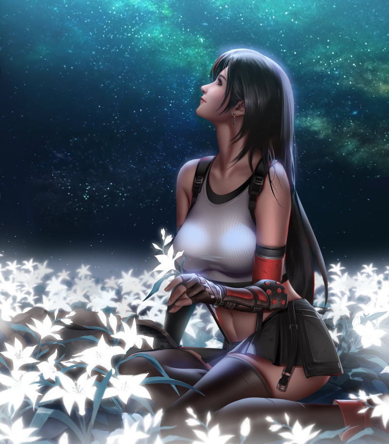 fingerless gloves, Final Fantasy, Tifa Lockhart, skirt, long hair, illustration, women, short tops, drawing, night sky, 4K, digital art, flowers, artwork