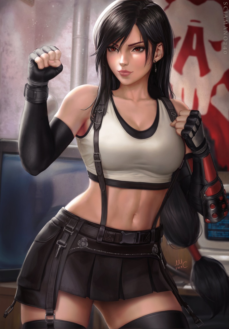 video game girls, Final Fantasy VII, long hair, illustration, artwork, portrait display, Final Fantasy, fingerless gloves, Tifa Lockhart, digital art, video game characters
