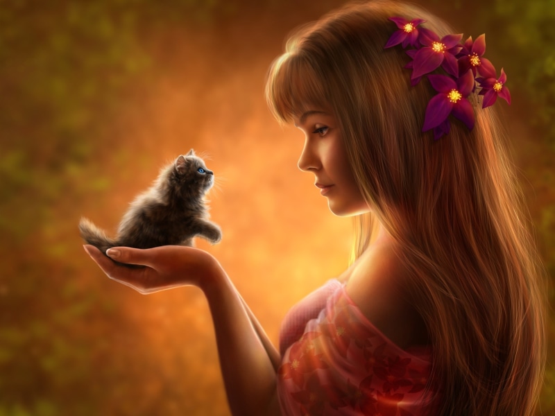 Fantasy, Beautiful, Girl, Kitten, petaled, red, 2K, flowers
