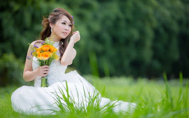 Flowers, Bride, White, Beautiful, Girl, Grass, Asian, Dress, 1080P