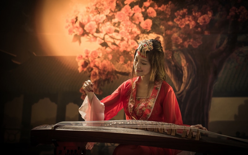 Girl, Music, Dress, Guzheng, Asian, Red, 1080P