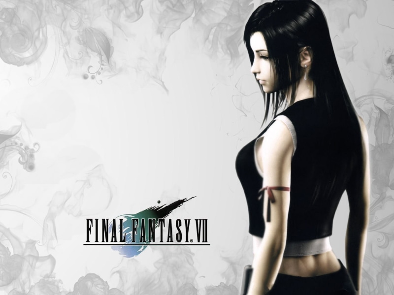 young women, indoors, three quarter length, long hair, video games, 720P, black hair, beauty, Tifa Lockhart, young adult, side view, Final Fantasy VII