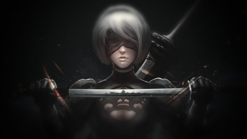 black background, Yorha unit no.2 type b, digital composite, fantasy, blurred, portrait, young women, women, backgound, 1080P, studio shot, anime, graphic design