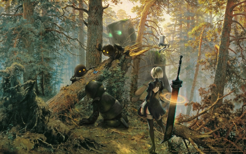 cyborg, automata, art, girl, nier, forest, YoRHa No.2 Type B, 2K