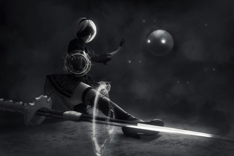 NieR: Automata, fiction, black and white, YoRHa No. 2 type B, 1080P, girl, cosplay
