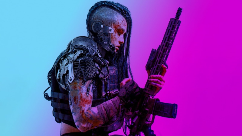 tattoo, cyberpunk, Clayton Haugen, concept art, science fiction, women, assault rifle, Abrar Khan, soldier, 1080P, mech, black hair, people, artwork, futuristic