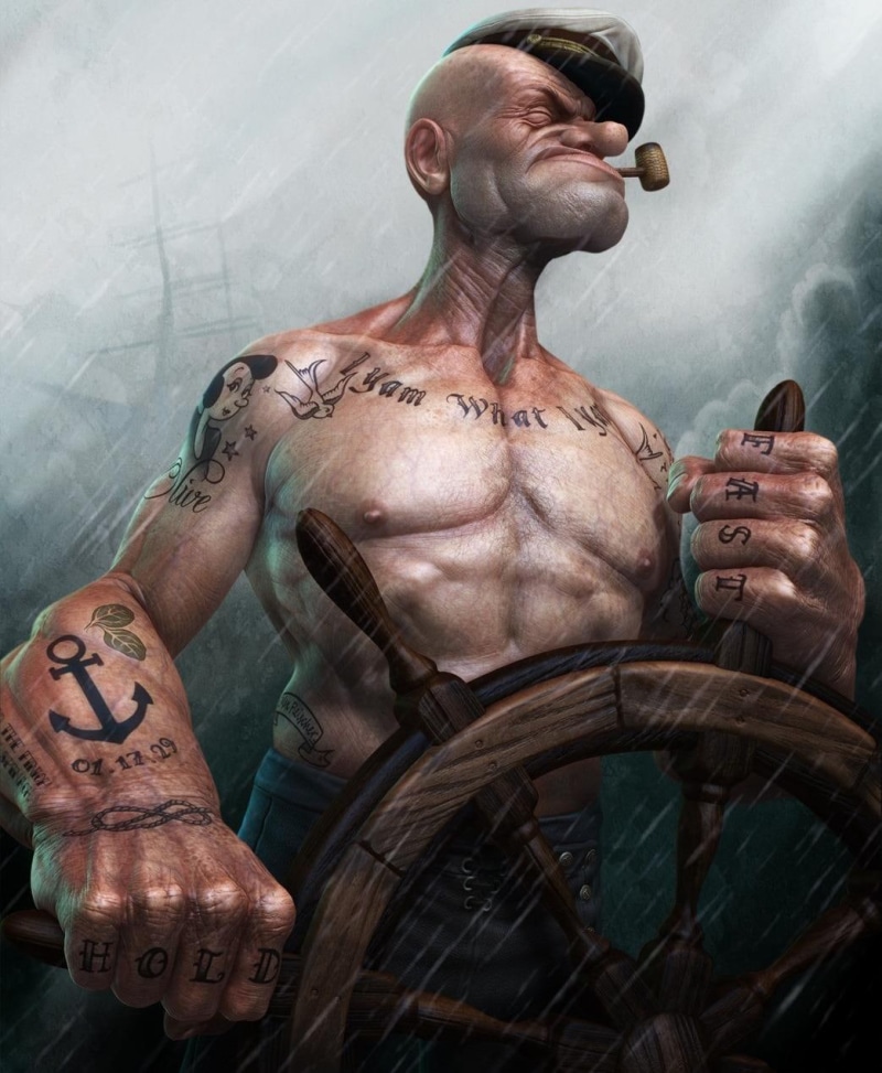 tattoo, people, representation, Realistic, smoke - physical structure, human body part, adult, holding, indoors, waist up, Popeye, shirtless, belief, digital art