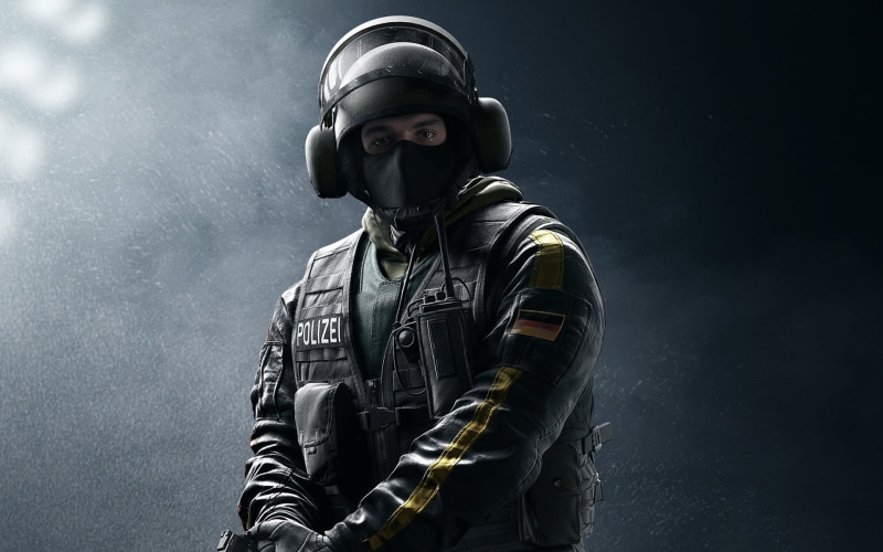 work helmet, k, gsg, full, headwear, 1080P, black, waist up, s, face, security, protection, gun, adult, sign, Tom Clancys Rainbow Six, safety, weapon