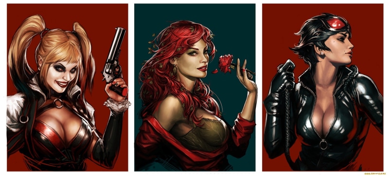 Harley Quinn, Batman, Catwoman, Poison Ivy, 1080P, DC Comics, artwork