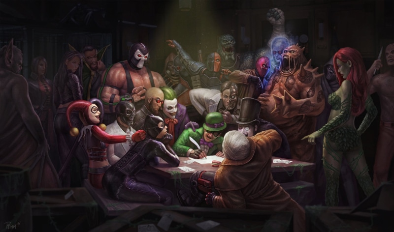 Catwoman, Ras al Ghul, Riddler, belief, statue, female likeness, Scarecrow (Batman), DC Comics, Killer Croc, Manbat (Batman), group of people, Phantasm (Batman)