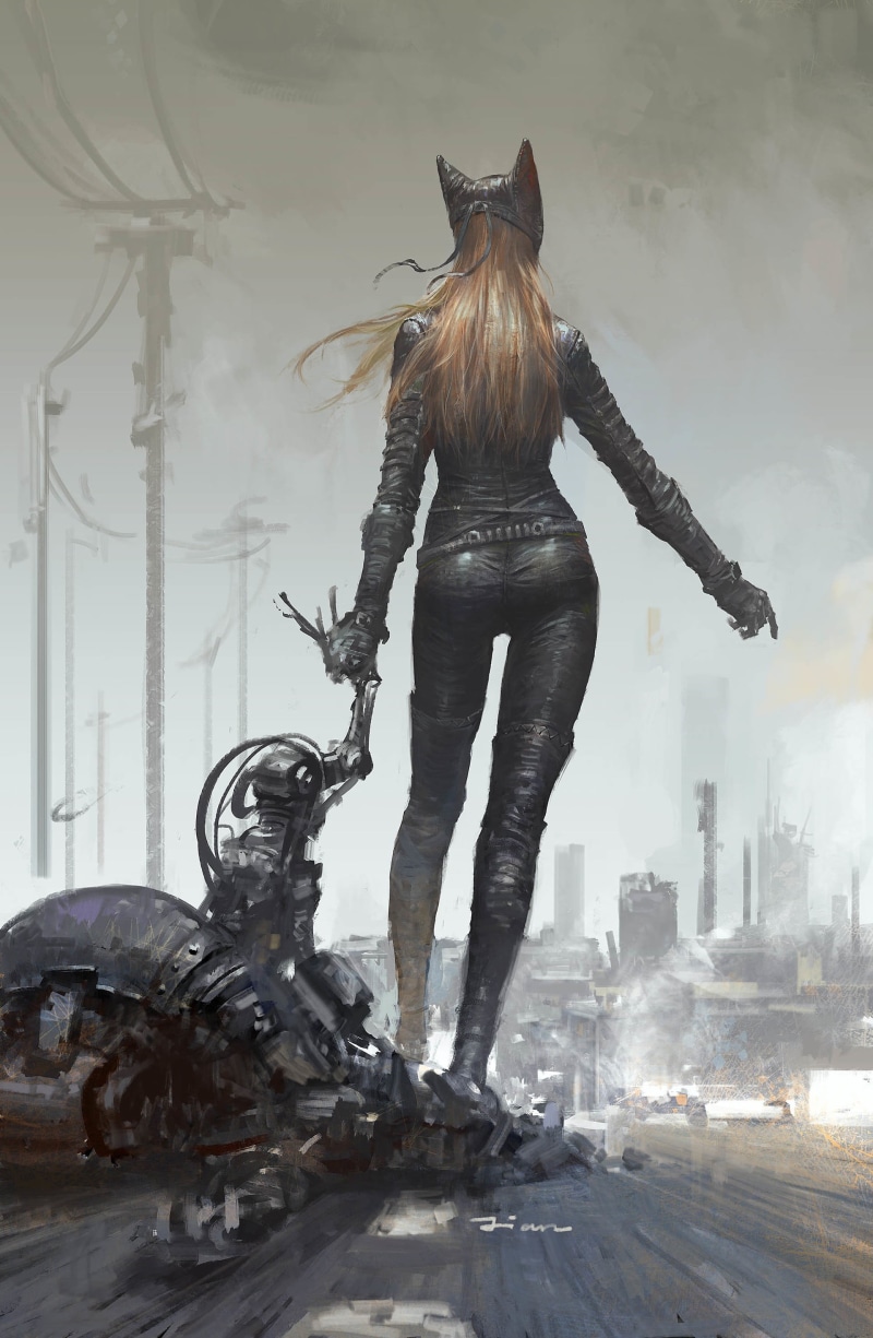 art and craft, fantasy, office building exterior, outdoors, building, adult, batgirl, digital composite, architecture, city, digital, sculpture, 2K, statue