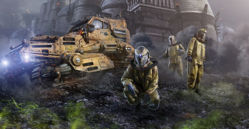 2K, explorers, space, The dead soil, machine, ship, Crematorium final, people, researchers, suits, Angelitoon, Angel Alonso, dead land, planet, base, fiction