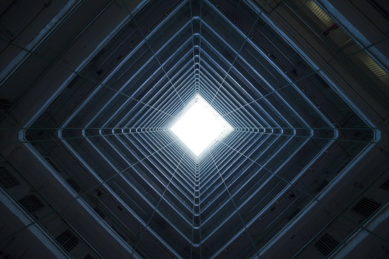 pattern, modern, directly below, building, skylight, low angle view, no people, symmetry, geometric shape, design, nature, balcony, repetition, illuminated