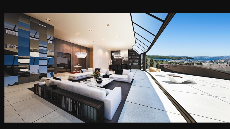 sky, 2K, wardrobe, building exterior, luxury, sunbeds, modern, table, set, desigen, no people, sea, balcony, living room, chairs, terrace, white, sofa