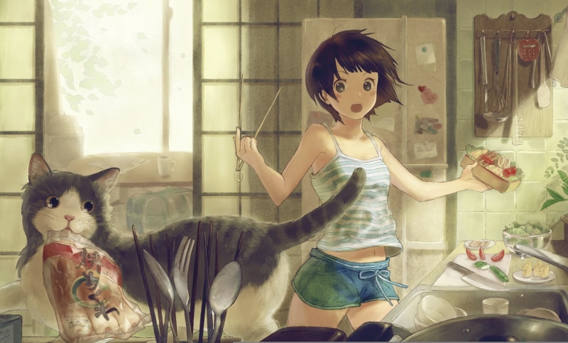 lifestyles, hairstyle, domestic cat, real people, window, 1080P, bangs, casual clothing, domestic animals, mouth open, artwork, indoors, leisure activity