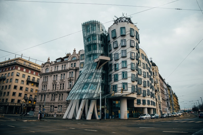 crossing, building exterior, city street, 2K, nederlanden, transportation, fred, glass, fred and ginger, contemporary, design, construction, road, prague