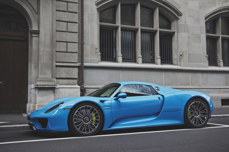 rocket, supercar, beside, luxury, baby  blue, exotic, 5K, building, car, sports Car, Zurich, hypercar, Porsche  918  Spyder, coupe, street, modern, blue